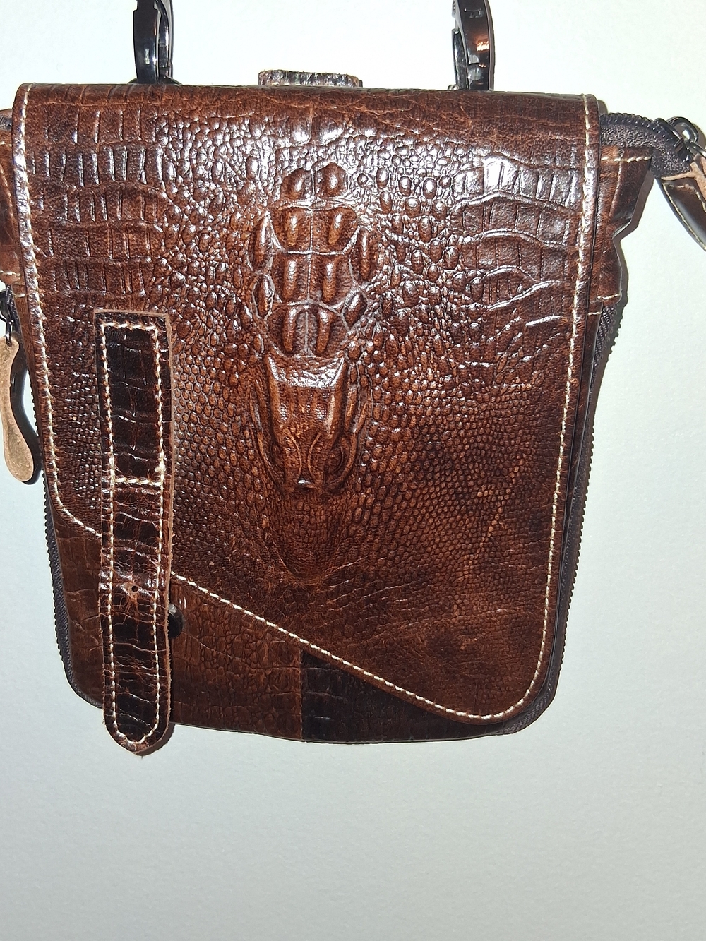 Brown Croc-Embossed Leather Crossbody Bag